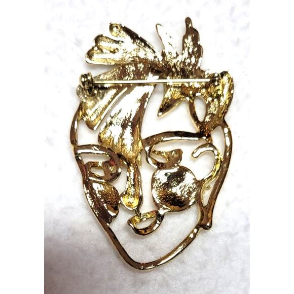 Art Deco 80s Punk Style Face Ladies Womens Brooch Pin Vintage Goldtone Retro - Picture 4 of 4